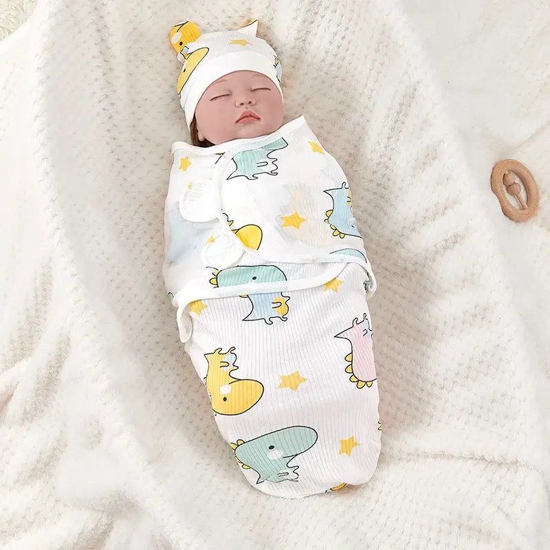 Cotton Baby Swaddle Blanket With Hat.