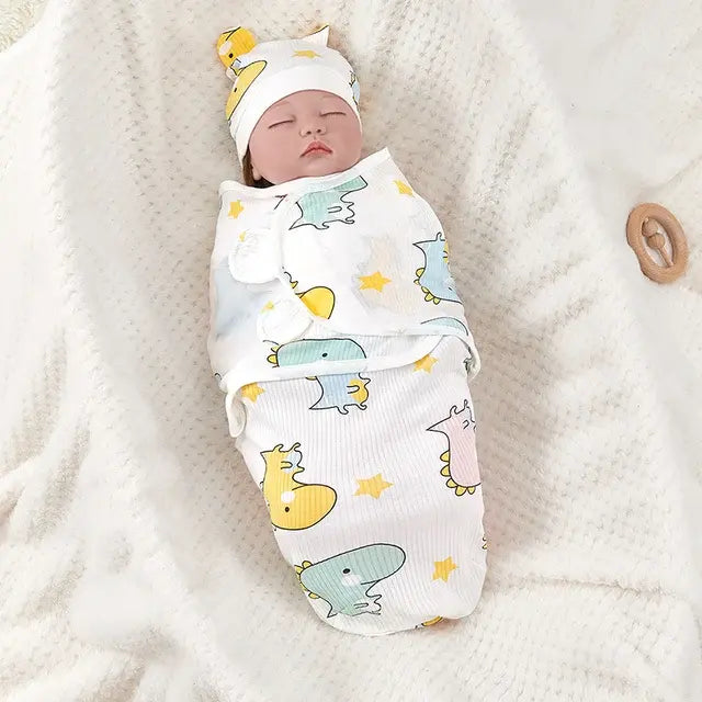 Cotton Baby Swaddle Blanket With Hat.